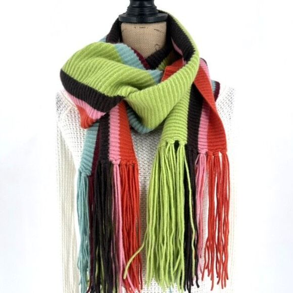 Vintage Y2K Lambswool & Angora Rainbow Striped Fringe‎ Winter Scarf Colorful - Picture 4 of 15